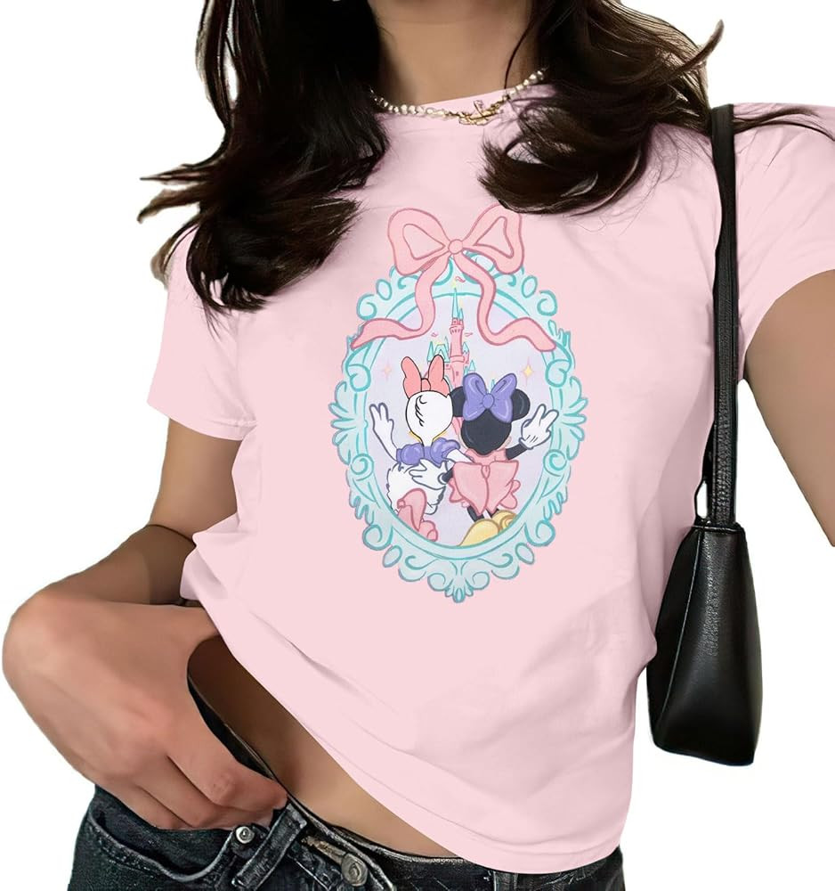 Pink Bow Cherries Shirt Women: Coquette Tops Clean Girl Aesthetic Shirts Casual Summer Short Slee... | Amazon (US)