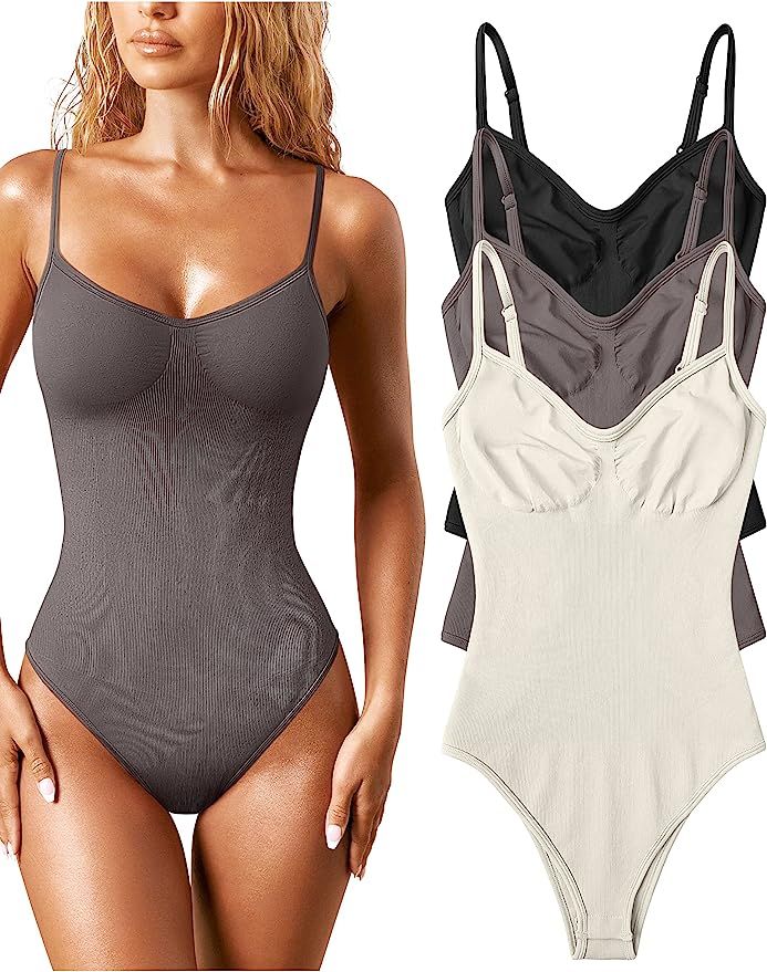 OQQ Women's 3 Piece Bodysuits Sexy Ribbed Sleeveless Adjustable Spaghetti Strips Shapewear Tops B... | Amazon (US)