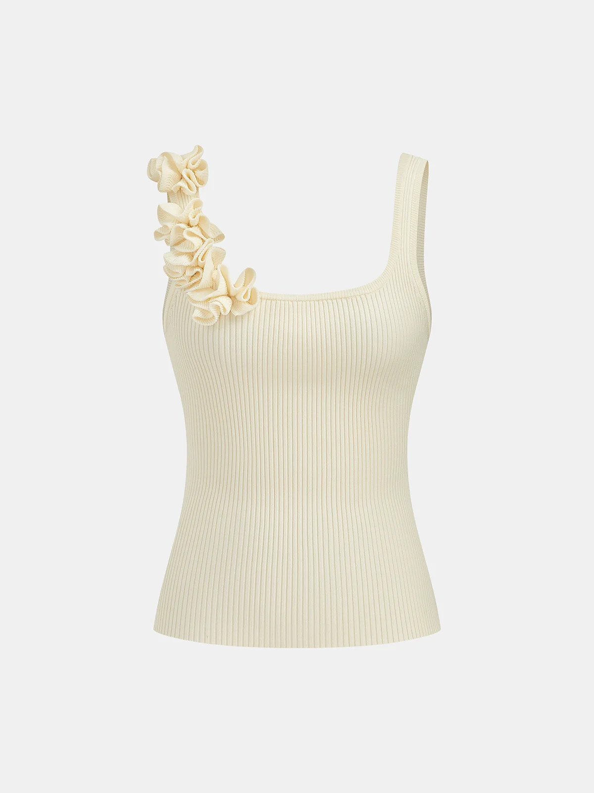 Ruffled Strap Ribbed Knit Tank Top | Commense