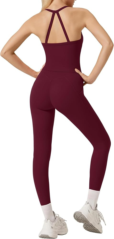 RXRXCOCO Cross Back Workout Sets for Women 2 Piece Padded Tank Tops Hidden Scrunch Leggings Gym O... | Amazon (US)
