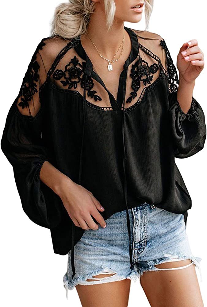 Asvivid V Neck Crochet Lace Tops for Women Casual Loose Puff Sleeve Fall Shirts Flowy Chiffon Blouse | Amazon (US)