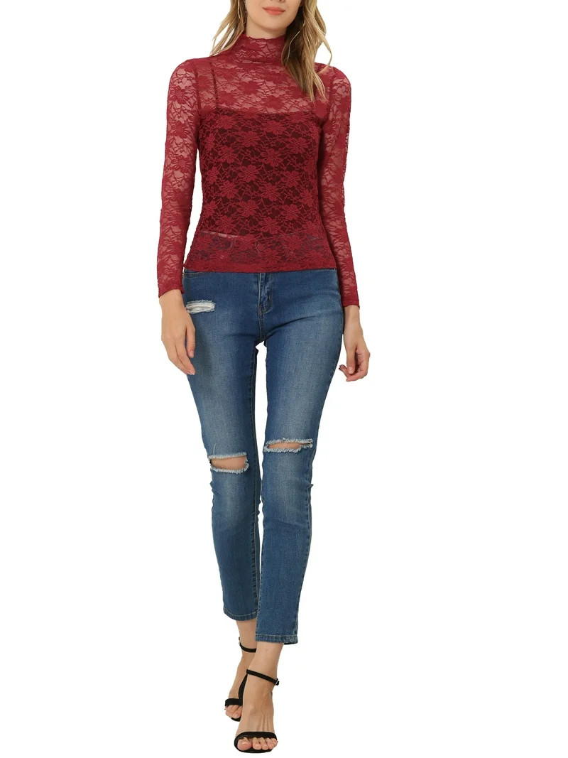 INSPIRE CHIC Women's See Through Long Sleeve Turtleneck Sheer Floral Lace Blouse Top M Burgundy | Walmart (US)