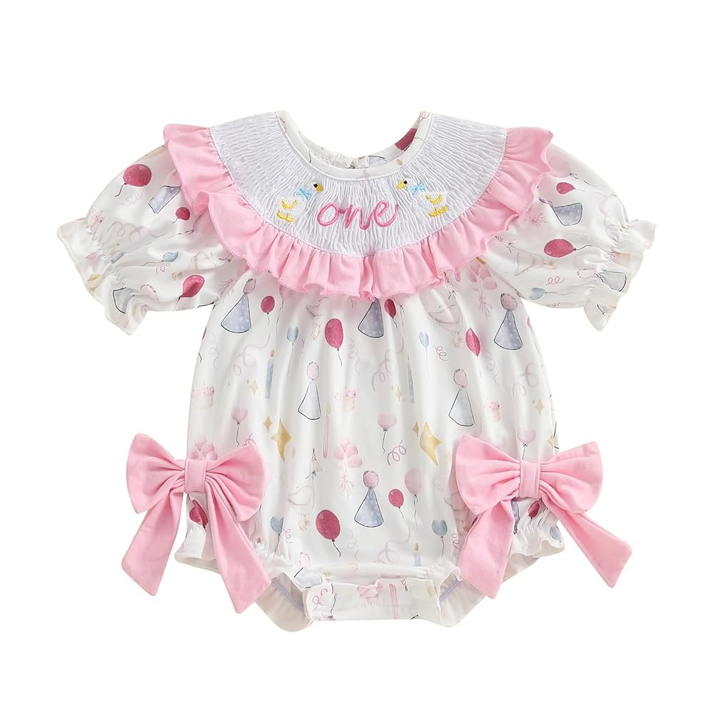 Pudcoco Baby Girls First Birthday Outfit 1st Birthday Romper Coquette Bow Bubble Smocked One Embr... | Amazon (US)