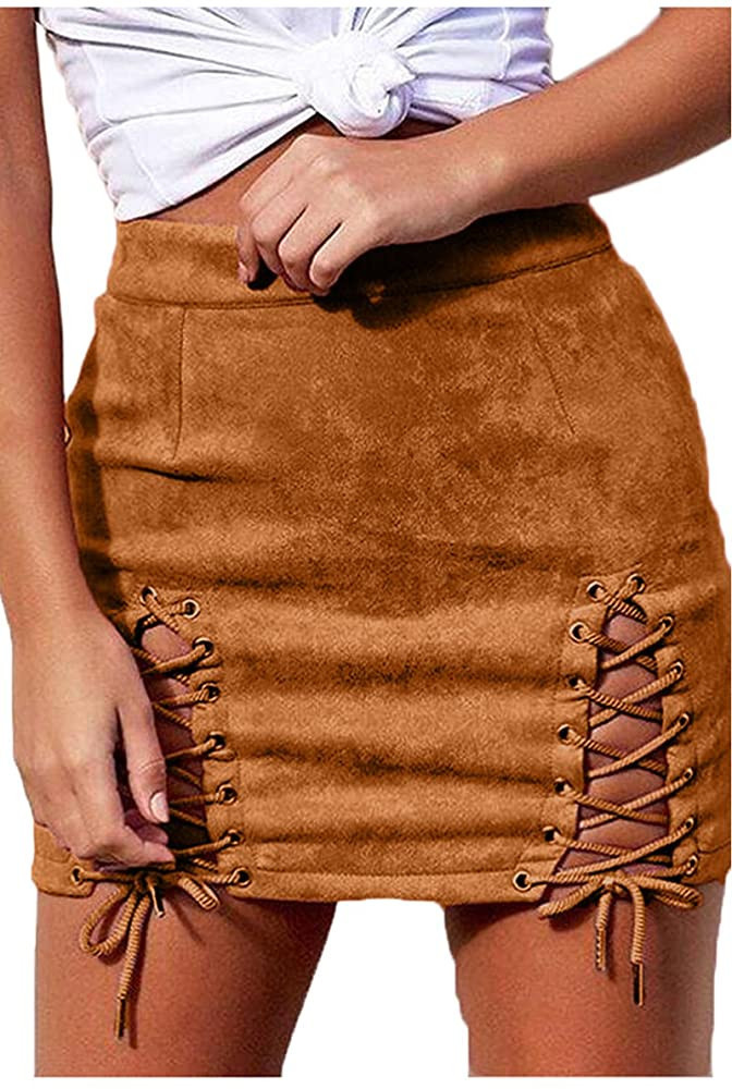 Meyeeka Womens Sexy High Waist Lace Up Bodycon Faux Suede Split Tight Mini Skirt | Amazon (US)
