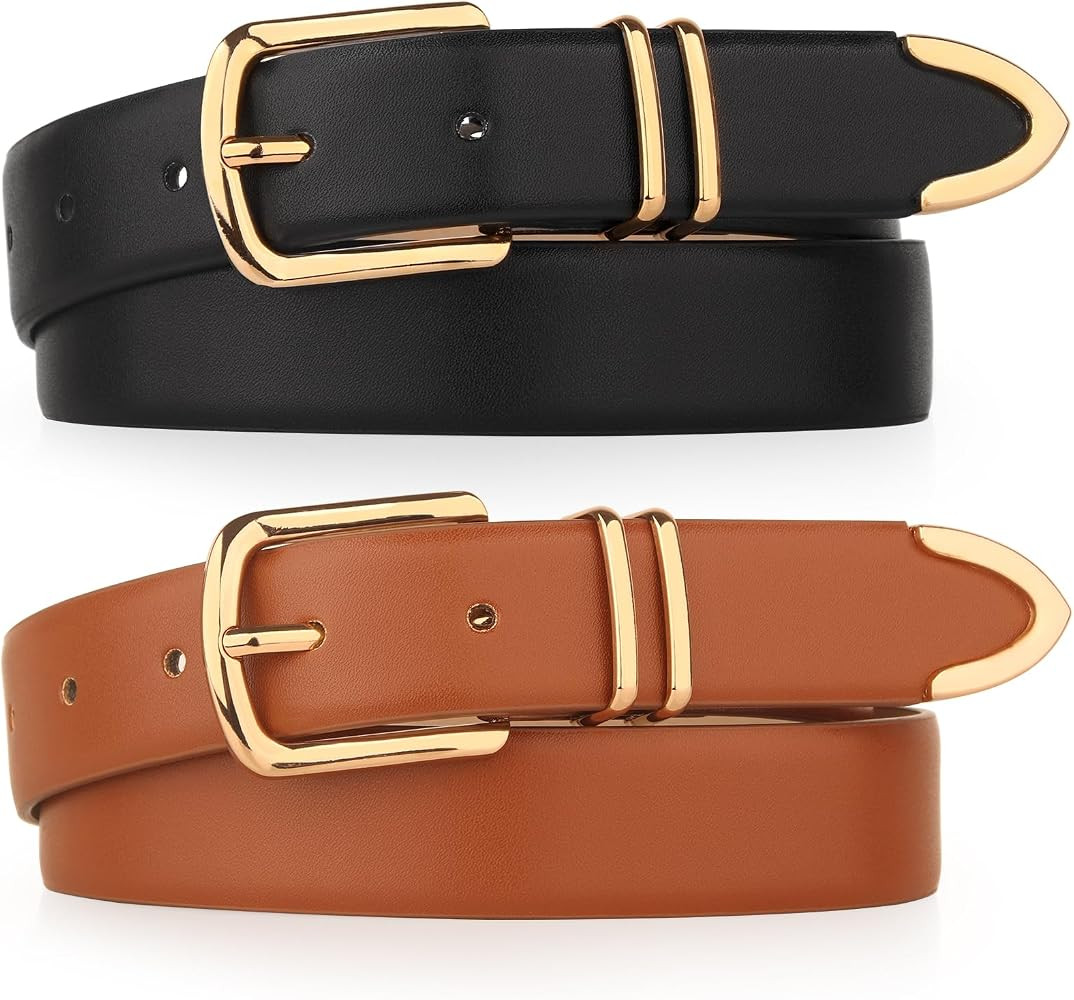 Monoluxe Pack 2 Women Belts for Ladies Jeans Pants with Fashion Faux Leather Gold Buckle | Amazon (US)