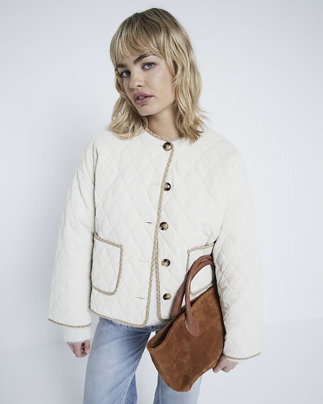 Cream Check Trim Quilted Jacket | River Island UK & IE