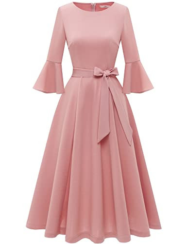 Blush Pink Dress for Women Vintage Bell Sleeve Dress Swing A-Line Midi Modest Homecoming Dresses for Women Wedding Guest Dresses Blush S | Amazon (US)