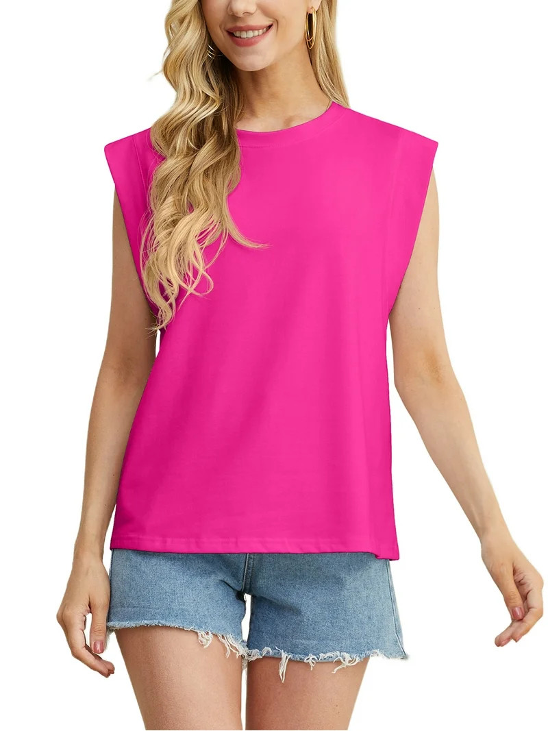 JWD Women's Top Cap Sleeve Summer Blouses Casual Crew NecK Solid Color Women's Tanks Pink L | Walmart (US)