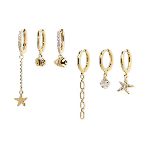 Sonateomber Star Fish Shell Dangle Gold Small Hoop Huggie Earring Set for Women Teen Girls - Cute Rhinestone CZ Drop Stacking Hypoallergenic Cartilage Ocean Beach Holiday Everyday Jewelry Gift | Amazon (US)
