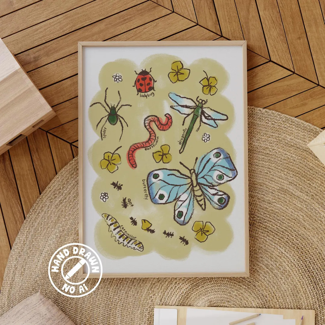 Hand-illustrated Bug and Flowers Print: Montessori Nature Poster, Nursery and Playroom Art - Etsy | Etsy (US)