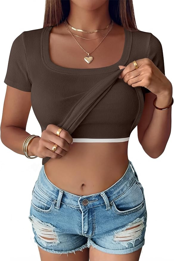 ANRABESS Womens Short Sleeve Tops Built in Bra Summer T Shirts Scoop Neck Ribbed Knit Fitted Basi... | Amazon (US)