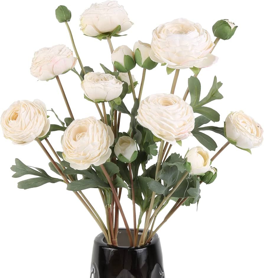 White Artificial Ranunculus Flowers Bouquets,18 Heads Vintage Silk Flowers Buttercup Long Stems F... | Amazon (US)