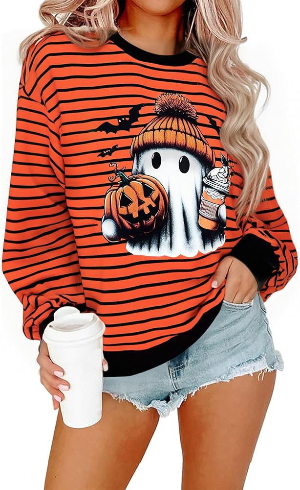 Halloween Sweatshirt Women Cute Boo Sweatshirts Ghost Spooky Season Sweater Fall Crewneck Striped... | Amazon (US)