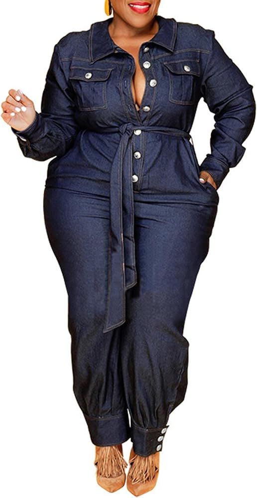xxxiticat Women's Plus Size Denim Jumpsuit Long Sleeve Turn Down Collar Button Down Oversized Jea... | Amazon (US)