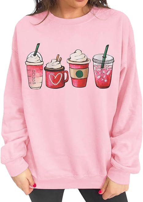 KEKEMI Valentine's Day Coffe Sweatshirt Women Long Sleeve Coffee Heart Graphic Crewneck Sweater S... | Amazon (US)