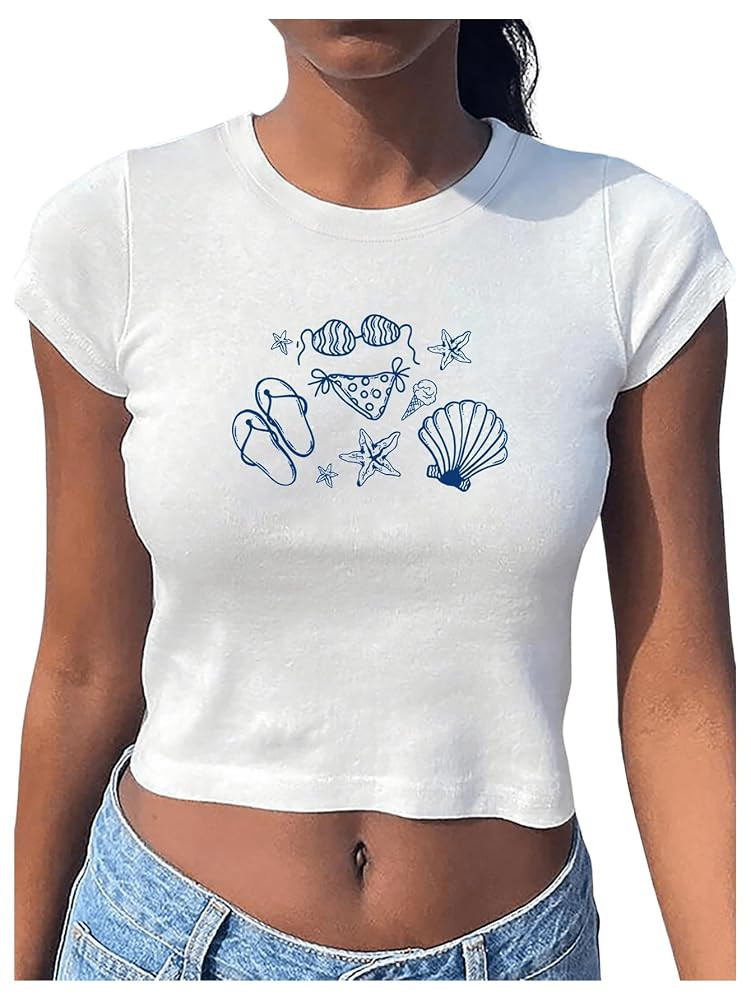 Women's Beach Graphic Tee Trendy Summer Short Sleeve Tee Shirts Crew Neck Crop Tops Bikini Print ... | Amazon (US)
