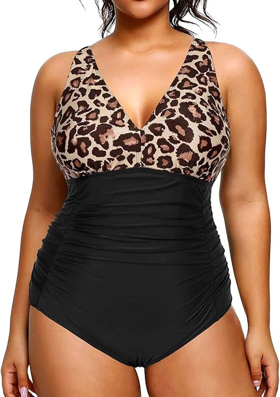Aqua Eve Women Plus Size One Piece Swimsuits V Neck Tummy Control Bathing Suits Retro Ruched Swim... | Amazon (US)