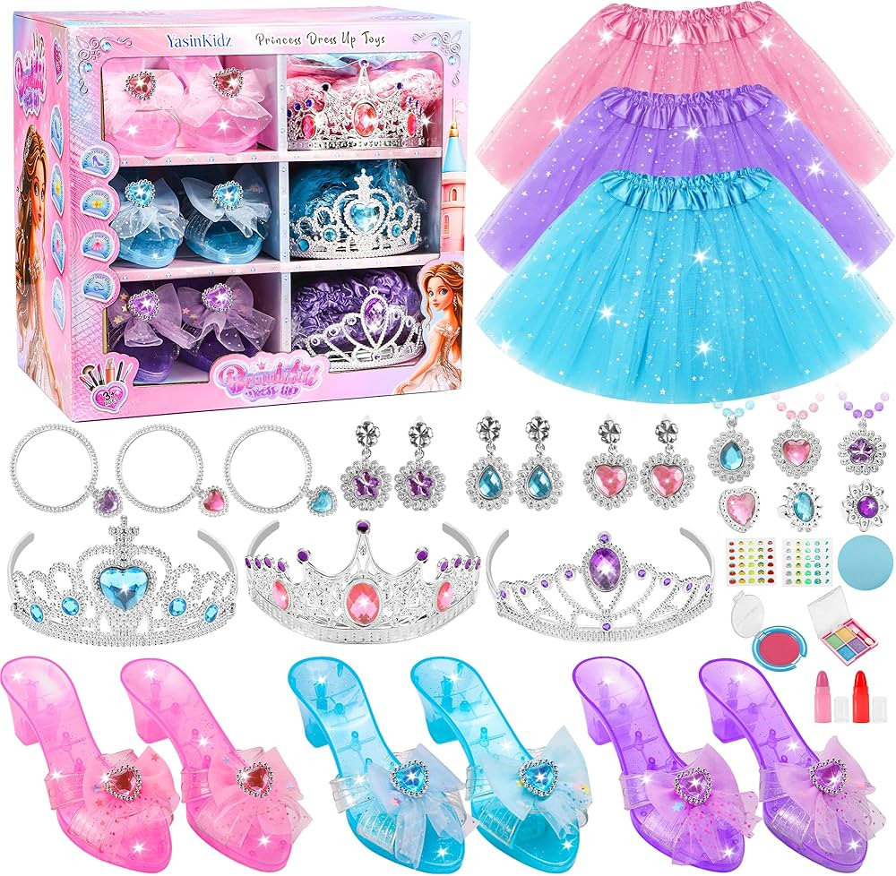Princess Dress Up Toys & Washable Kids Makeup, Jewelry Boutique Kit, 3 Color Skirts, Shoes, Crown... | Amazon (US)