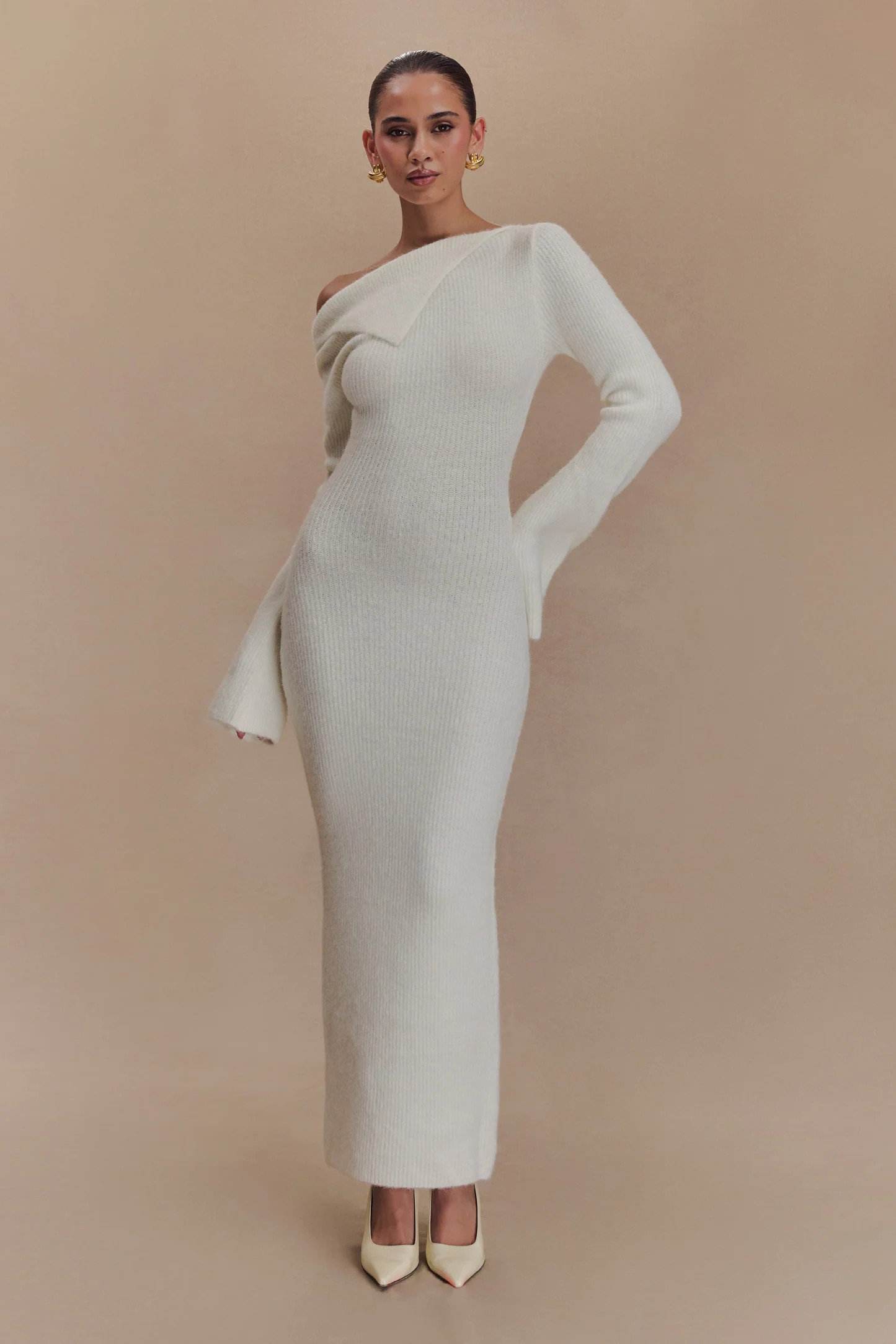 One Shoulder Fluffy Knit Midi Dress - Ivory | MESHKI US