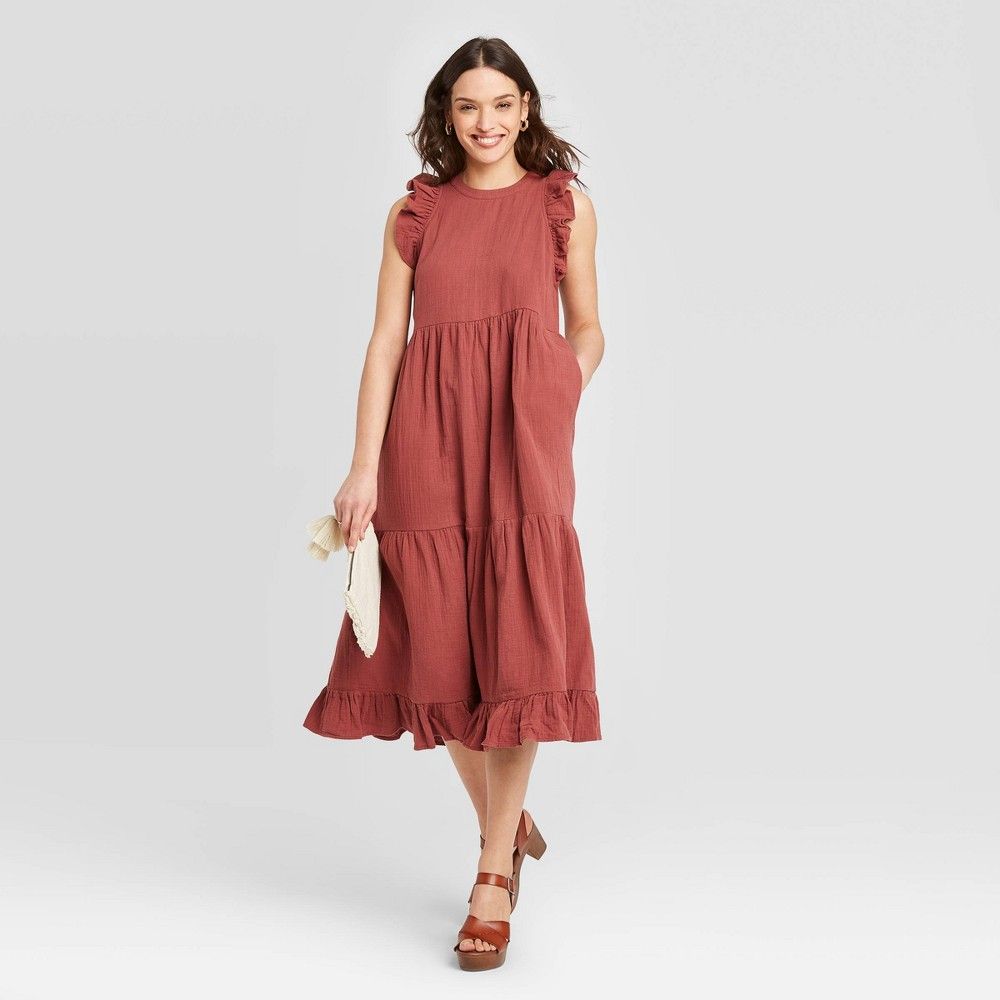 Women's Sleeveless Tiered Ruffle Dress - Universal Thread Burgundy S | Target