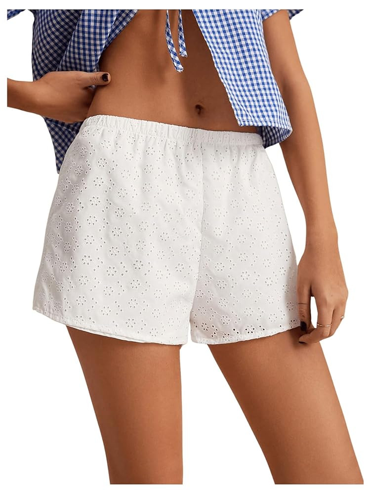 MakeMeChic Women's Elastic Waist Shorts Straight Leg Eyelet Embroidery Summer Casual Shorts | Amazon (US)