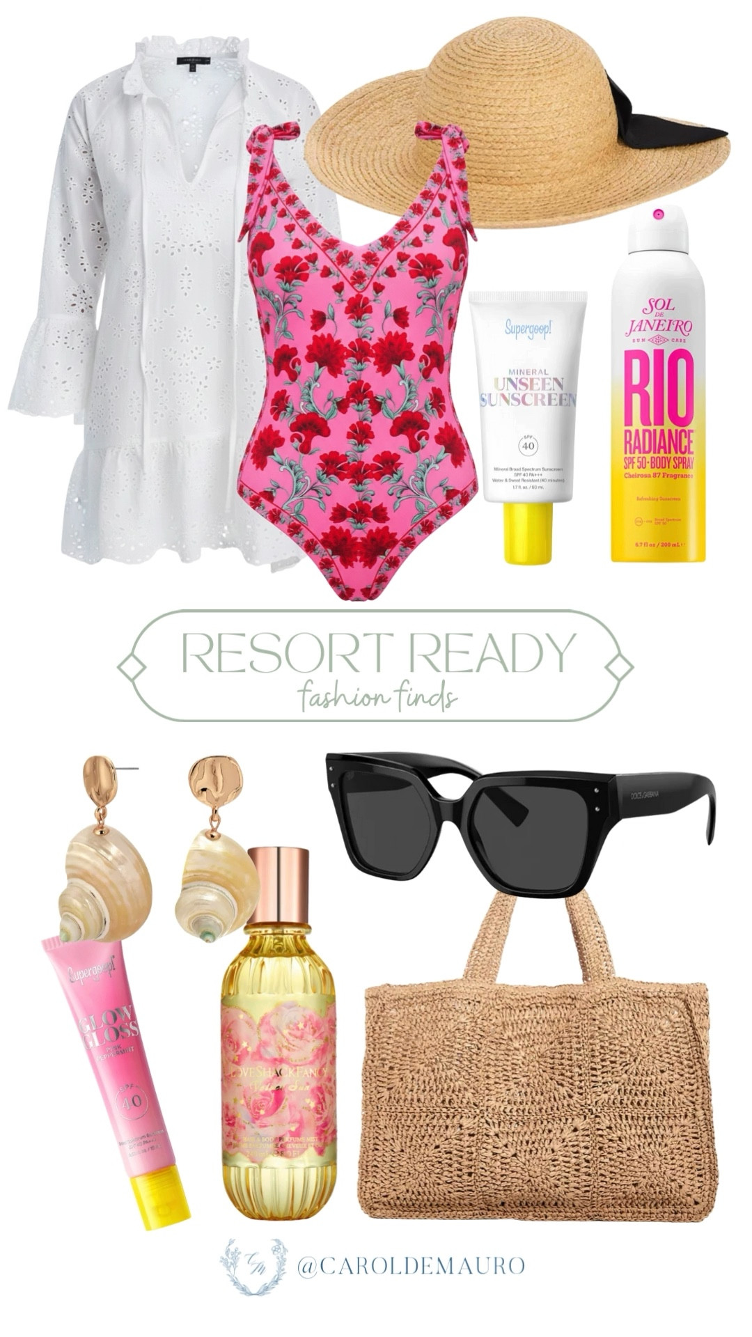Slay your vacation with a vibrant floral swimsuit and a white eyelet cover-up! Keep your glow safe by the pool with a straw hat and SPF, then finish the look with shell-inspired jewelry and oversized sunnies.

resort wear, vacation mode, beach chic, tropical aesthetic, summer wardrobe, ootd, beauty must haves, sun protection

#LTKBeauty #LTKU #LTKSeasonal