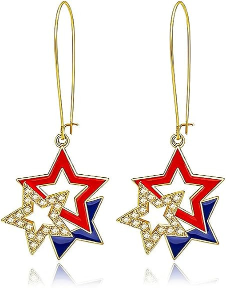Dreuyet 4th of July Earrings for Women Patriotic American Flag Long Dangle Hoop Earrings Crystal ... | Amazon (US)