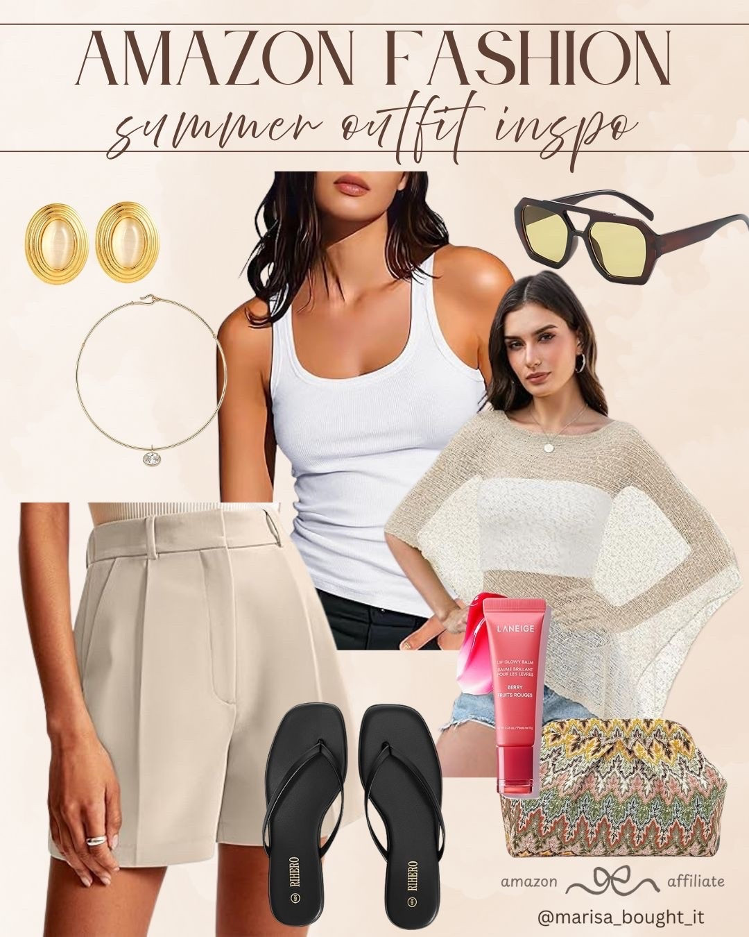 I am styling the perfect neutral summer outfit with these tailored beige shorts and a classic ribbed white tank top. 🤍

For an extra layer of style, I added a lightweight, sheer knit poncho that looks so effortless.

I completed the look with a patterned clutch, black sandals, gold accessories, statement sunglasses, and Laneige lip balm! 🛍️

#liketk #ltkstyletip #ltkunder50 #ltksummer #amazonfashion #amazonfinds #summeroutfit #neutralstyle #casualchic #vacationstyle #beigeshorts #everydaystyle

#LTKootd #LTKSeasonal