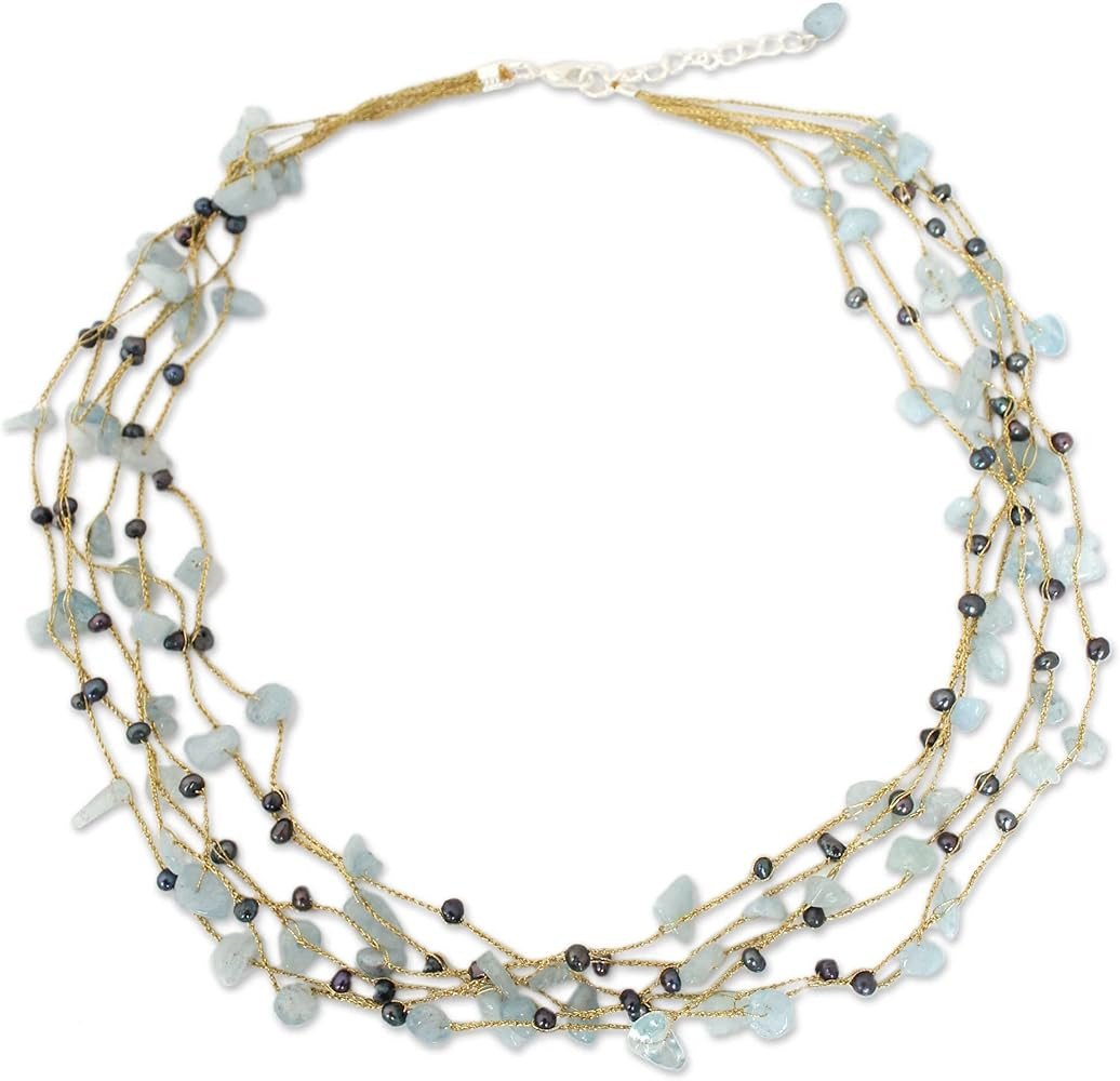 NOVICA Artisan Handmade Cultured Pearl Aquamarine Beaded Necklace Thai Silver Plated Gold Tone Cl... | Amazon (US)