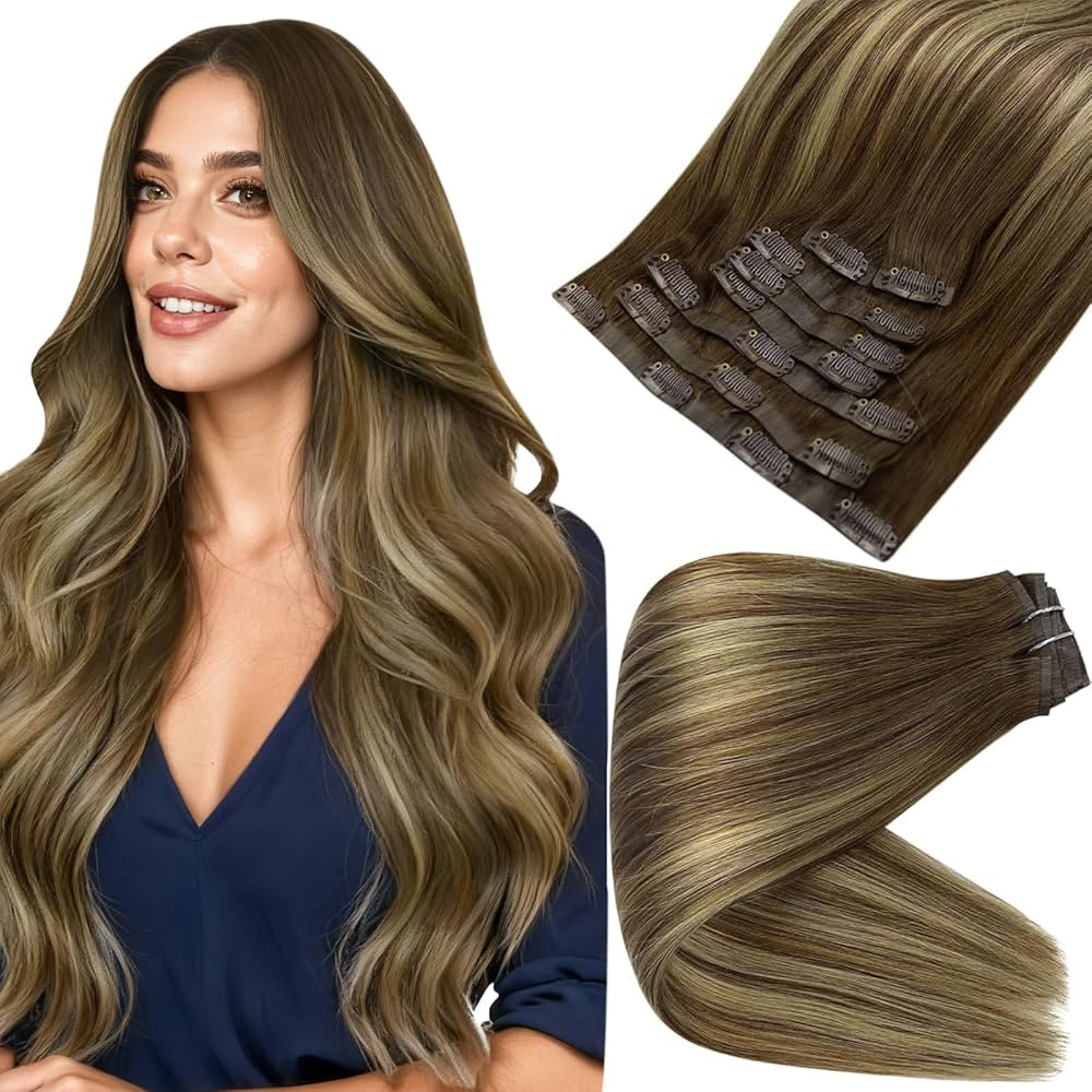 Full Shine Human Hair Clip in Extensions Brown Balayage Seamless Clip in Hair Extensions Human Ha... | Amazon (US)