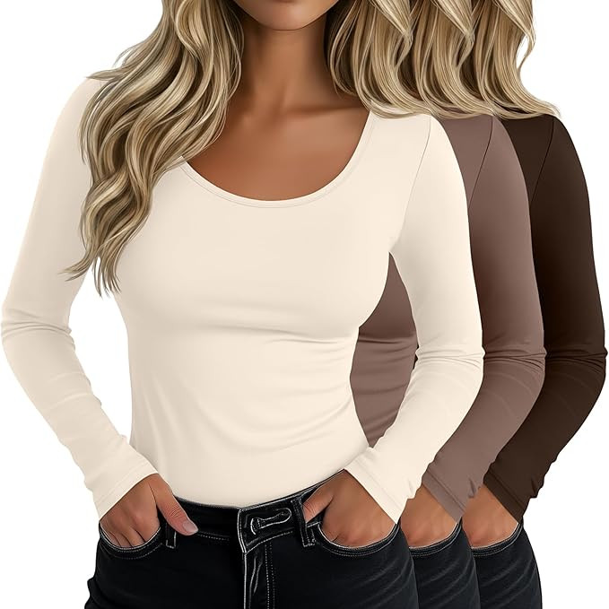 Neer 3 Pack Women's Long Sleeve T-Shirts Scoop Neck Slim Fitted Underscrubs Tops Stretchy Tight C... | Amazon (US)