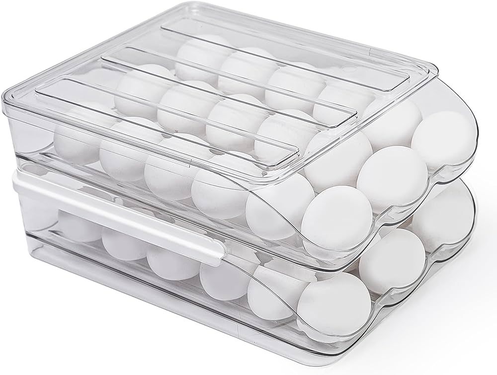 Auto-Rolling Egg Organizer for Refrigerator with Lid (36 Eggs)| New & Improved 2 Pcs Stackable Eg... | Amazon (US)