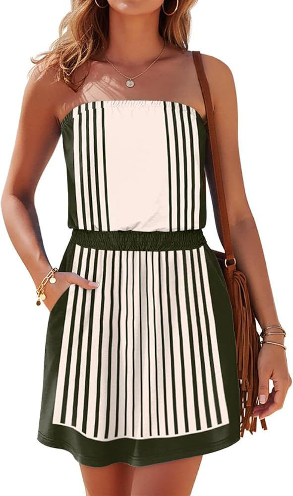 SAUKOLE Summer Dresses for Women Bandeau Strapless Smocked Elastic Waist Sundress Tube Mini Dress... | Amazon (US)