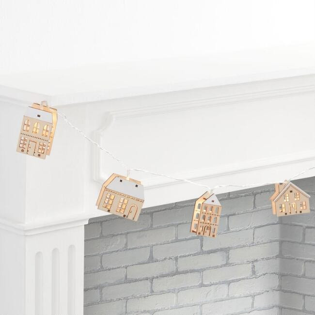 Wood Scandi Snowy House LED Battery Operated String Lights | World Market