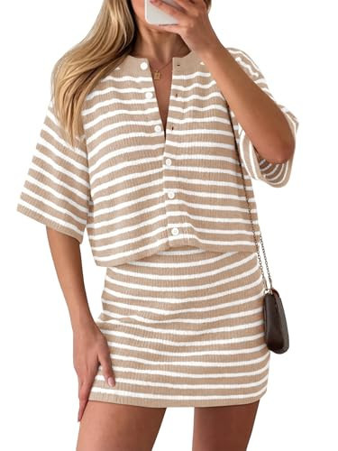 Saodimallsu Womens Two Piece Skirt Set Summer Striped Knit Short Sleeve Button Cardigans And Mini Skirt Lounge Set | Amazon (US)