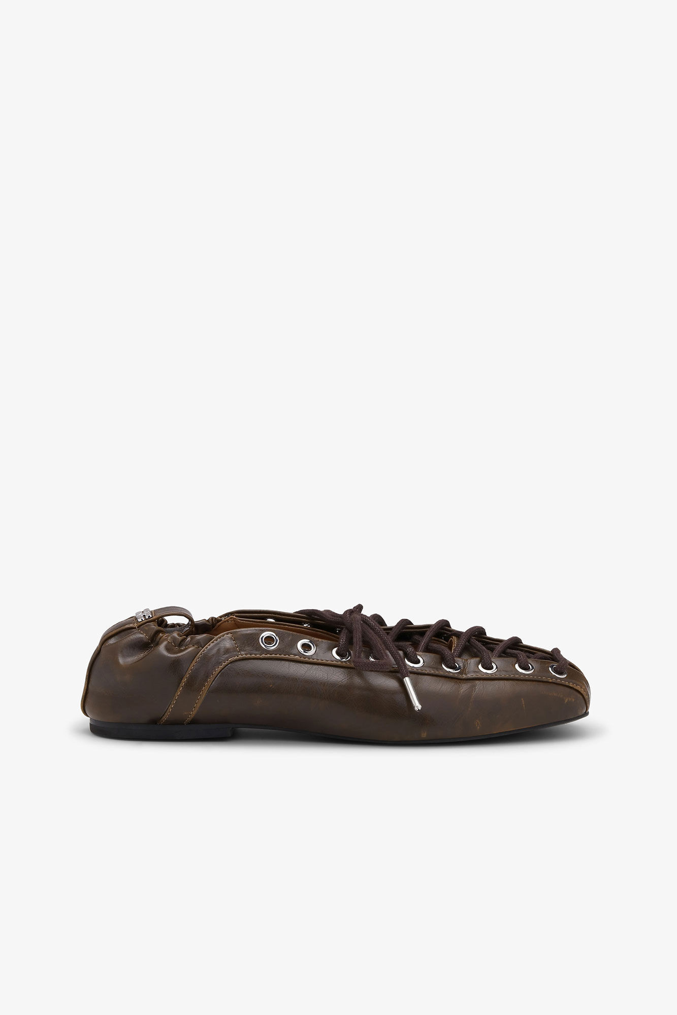 Lace-Up Ballerinas in Dark-Olive Oleatex | Ganni
