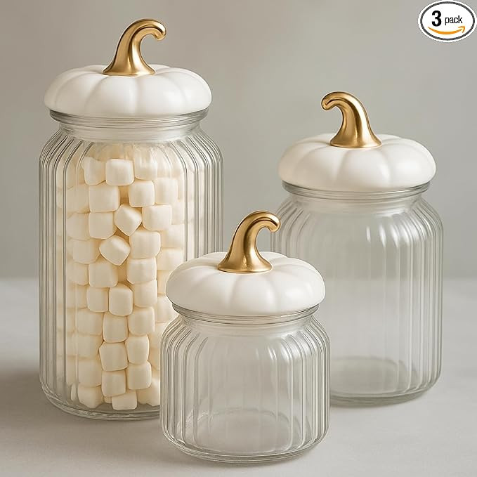 Mimorou 3 Set Pumpkin Glass Jar with Pumpkin Airtight Ceramic Lid 44 oz 33 oz 22oz Fall Clear Can... | Amazon (US)