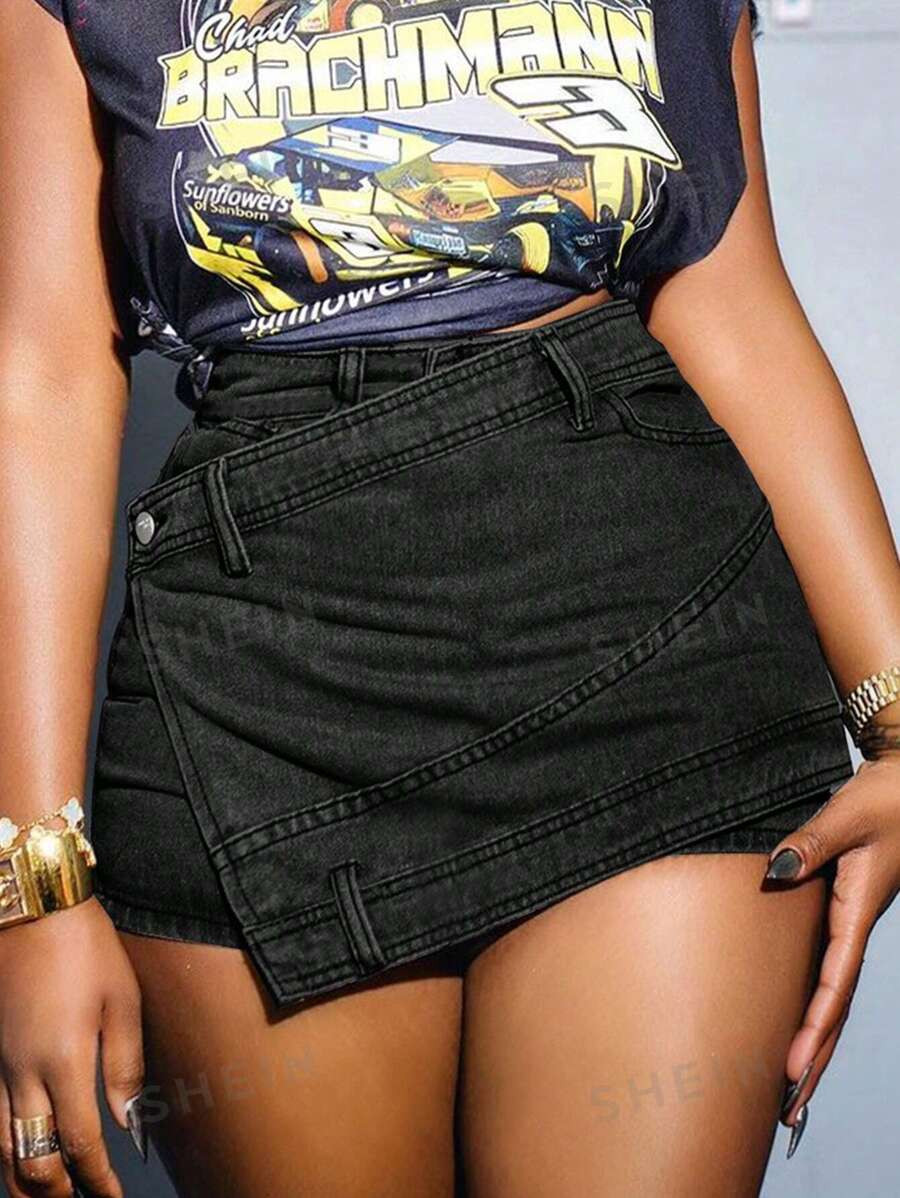 Rave Y2K Street Vintage Overlap Waist Wrap Solid Asymmetrical Hem A-Line Skinny Cargo Denim Mini ... | SHEIN