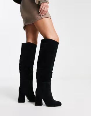 Pimkie faux suede block heel high leg boot in black | ASOS (Global)