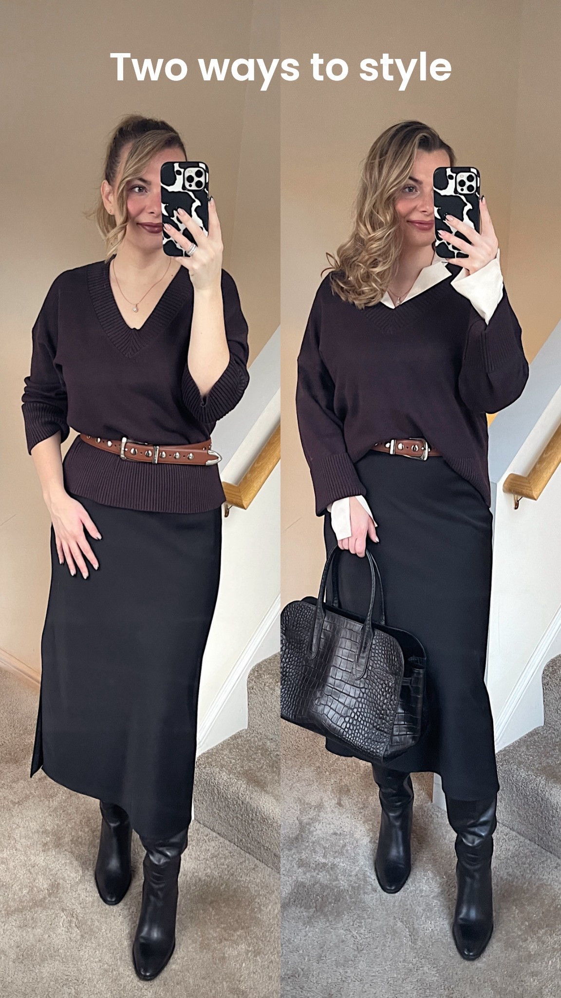 Brown sweater, black skirt, studded belt, black knee high boots 

#LTKFindsUnder50 #LTKFindsUnder100 #LTKWorkwear