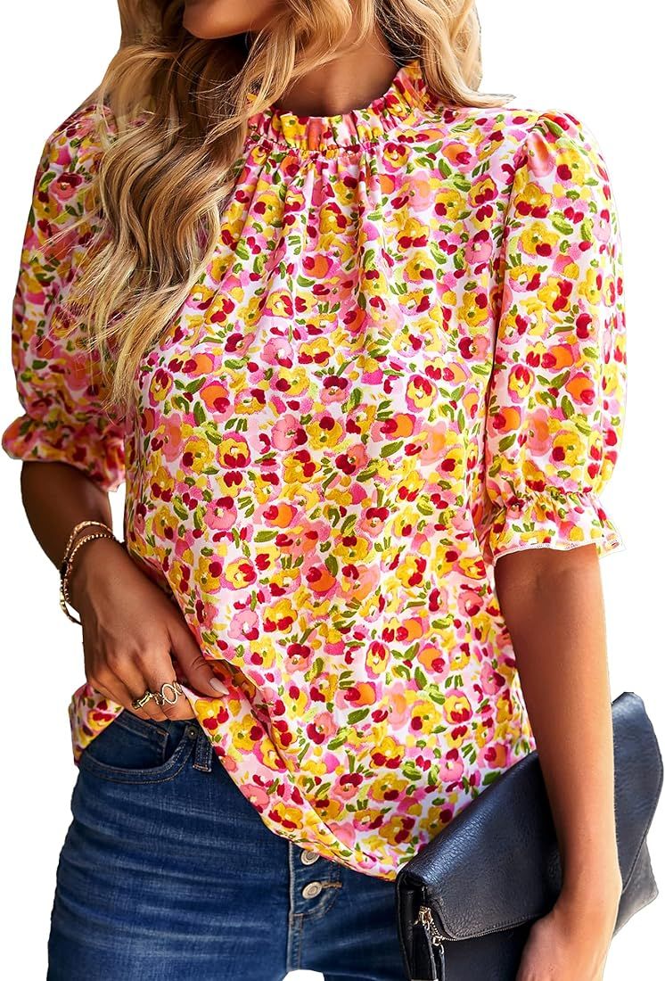 BTFBM Women's Summer Boho Shirt Top Ruffle Short Sleeve Frill Trim Mock Neck Floral Solid 2023 Ca... | Amazon (US)