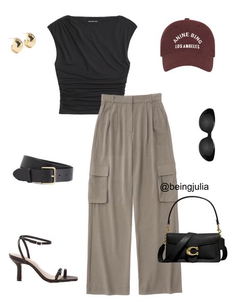Fall outfit inspiration - details below:
-Black shirt sleeved draped top from Abercrombie 
-Lightweight tailored cargo pants in beige from Abercrombie 
-Maroon ball cap from Anine Bing
-Celine Triomphe 52mm sunglasses in black acetate 
-Black belt with gold buckle from H&M
-Gold chunky drop earrings from Shopbop
-Black strappy heeled sandals from Abercrombie 


#LTKSeasonal #LTKunder100 #LTKstyletip