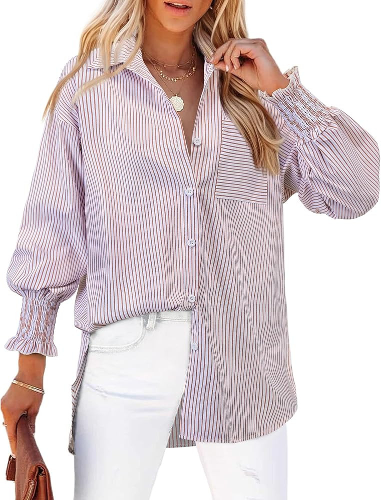 Womens Oversized Button Down Shirts Striped Smocked Cuff Long Sleeve Fall Blouses with Pocket Cas... | Amazon (US)