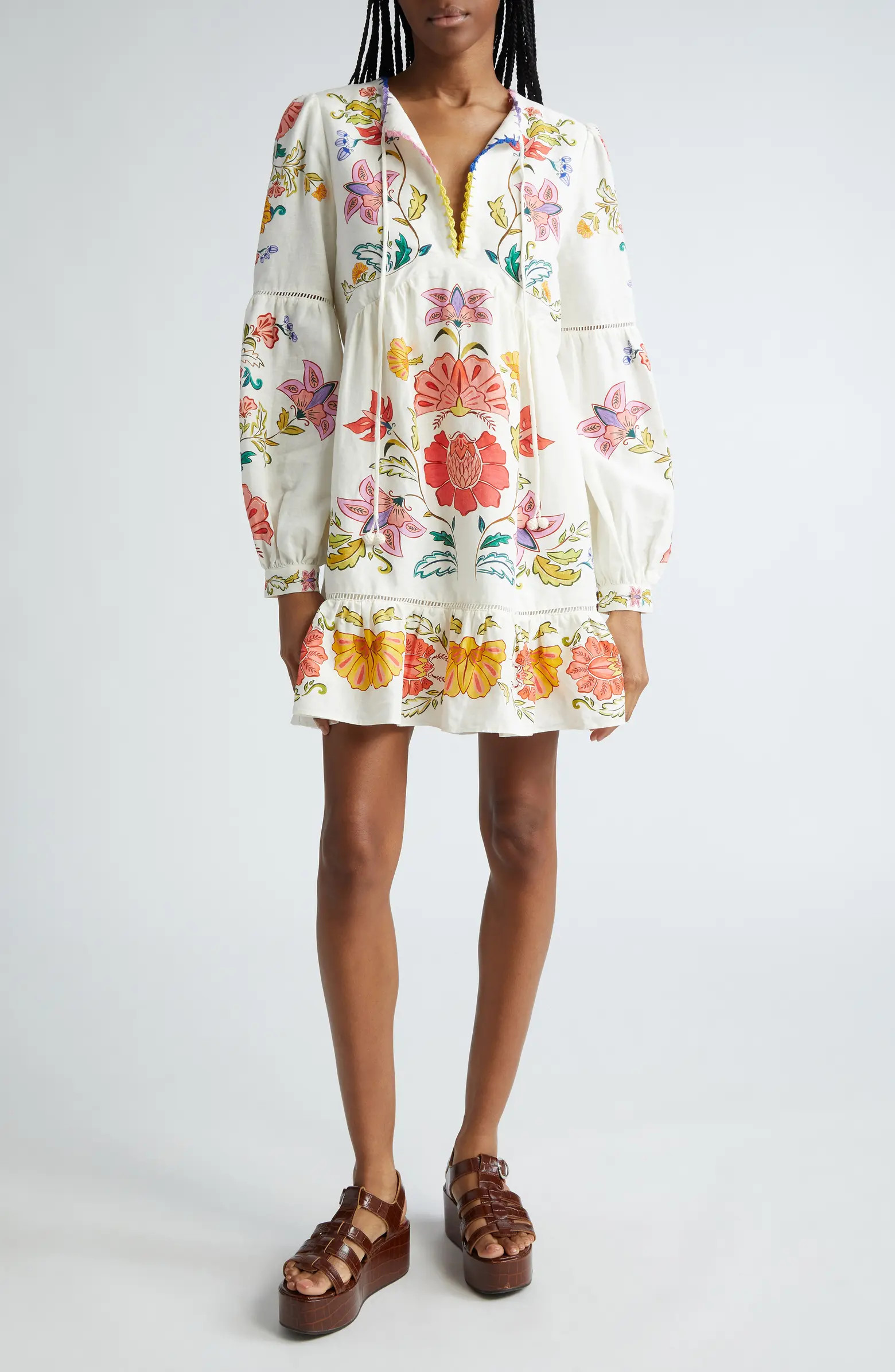 Floral Long Sleeve Linen Blend Minidress | Nordstrom