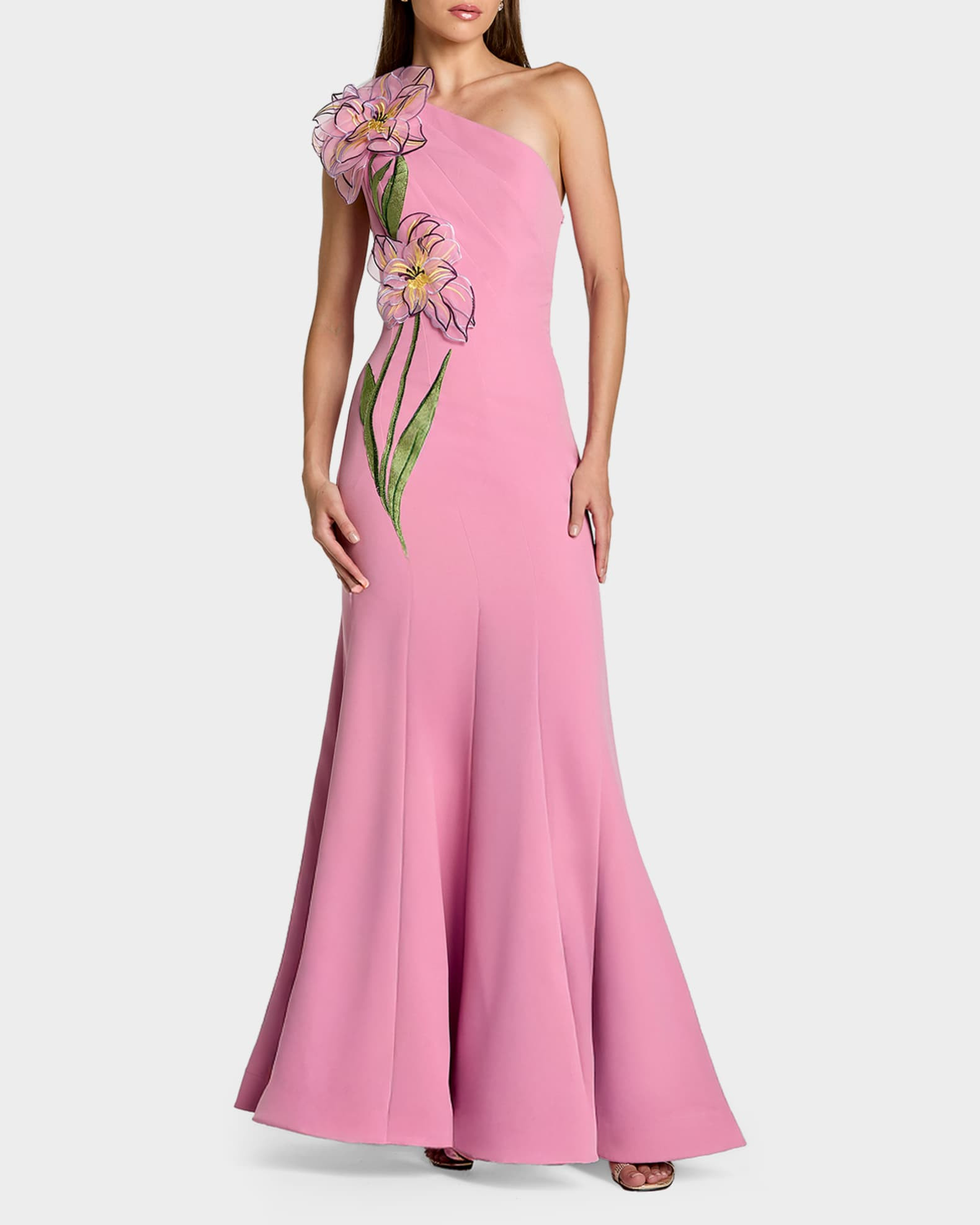 Floral Appliqué One-Shoulder Gown | Neiman Marcus