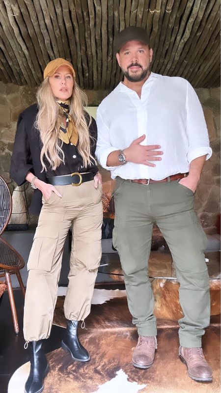His & Hers: Safari Style // on this particular morning it was much cooler! Kyle & I both grabbed out long sleeve linen shirts that we would typically wear with swimsuits and layered them with cargo pants & boots! // sizing: black linen shirt/medium, khaki cargo pants/4 (they have no stretch!), Kyle’s look/XL in both items 

#LTKstyletip #LTKmens #LTKtravel
