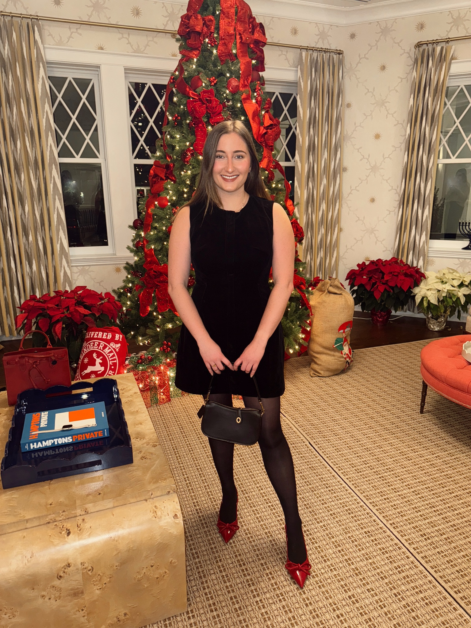 Christmas party outfit - velvet dress from Tuckernuck, sheer black tights, black Coach bag, and red slingback kitten heels from Zara (linking similar)

#LTKSeasonal #LTKHoliday #LTKParties