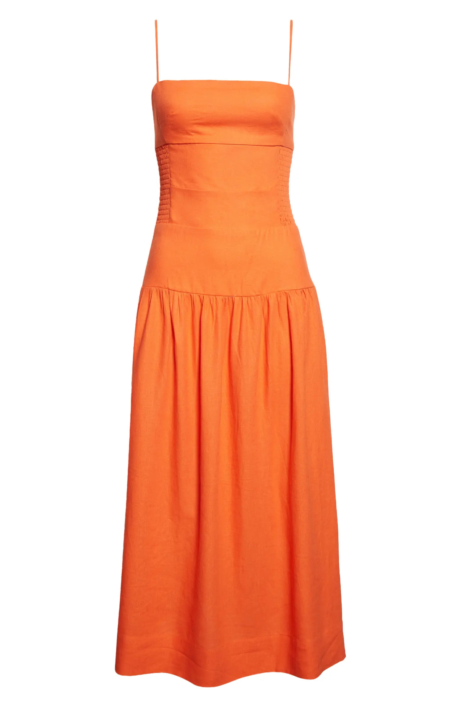 Side Smocked Linen Blend Midi Sundress | Nordstrom