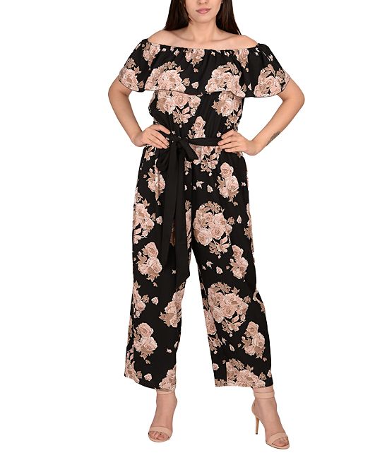 I am sunshine Women's Jumpsuits Black - Black & Pink Floral Off-Shoulder Jumpsuit - Women | Zulily