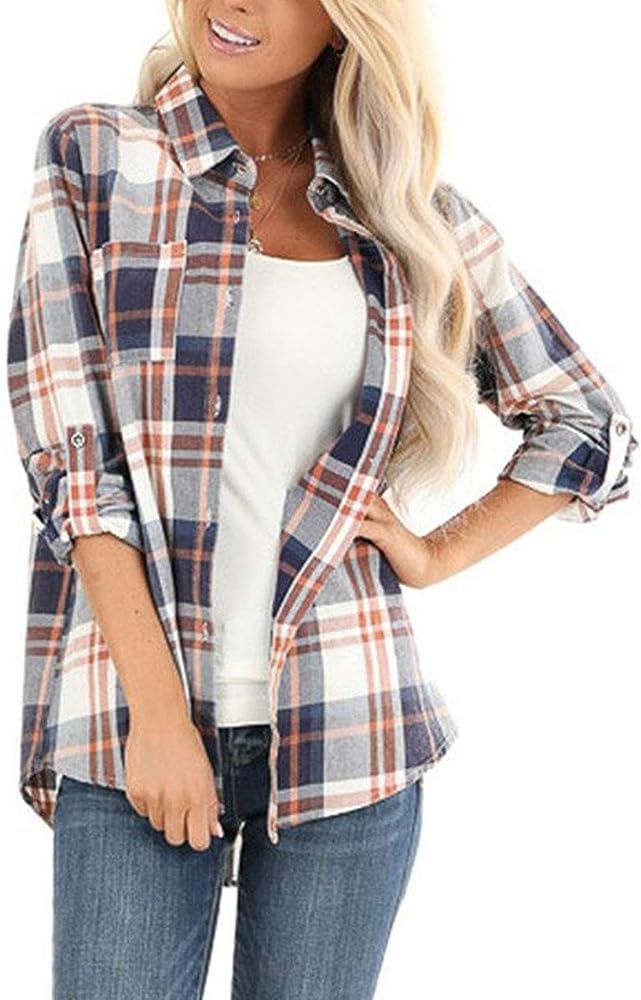 Jug&Po Womens Casual Cuffed 3 4 Long Sleeve Plaid Button Down Shirts Blouse Tops | Amazon (US)